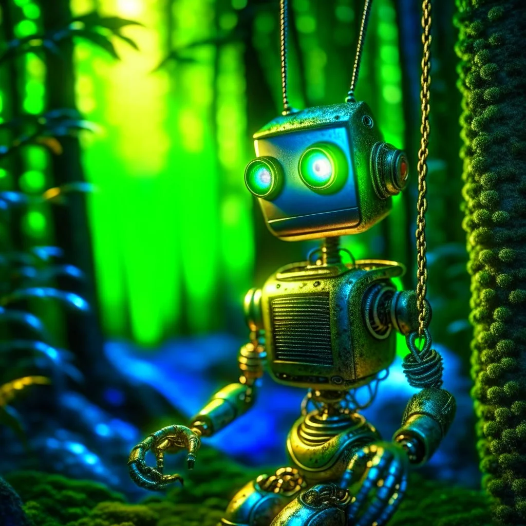 portrait of a cute 90s chat robot swinging in a rope in an underground grove, in the style of dali, 8k, down-light, soft light, depth of field, photo realism, trending on art station, high detail