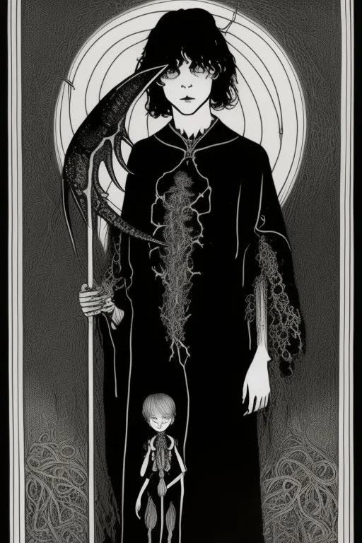 7 year old boy, necromancer, friendly, looks dead,with a long lamprey emerging from his belly , wearing black robes, in the style of Harry Clarke