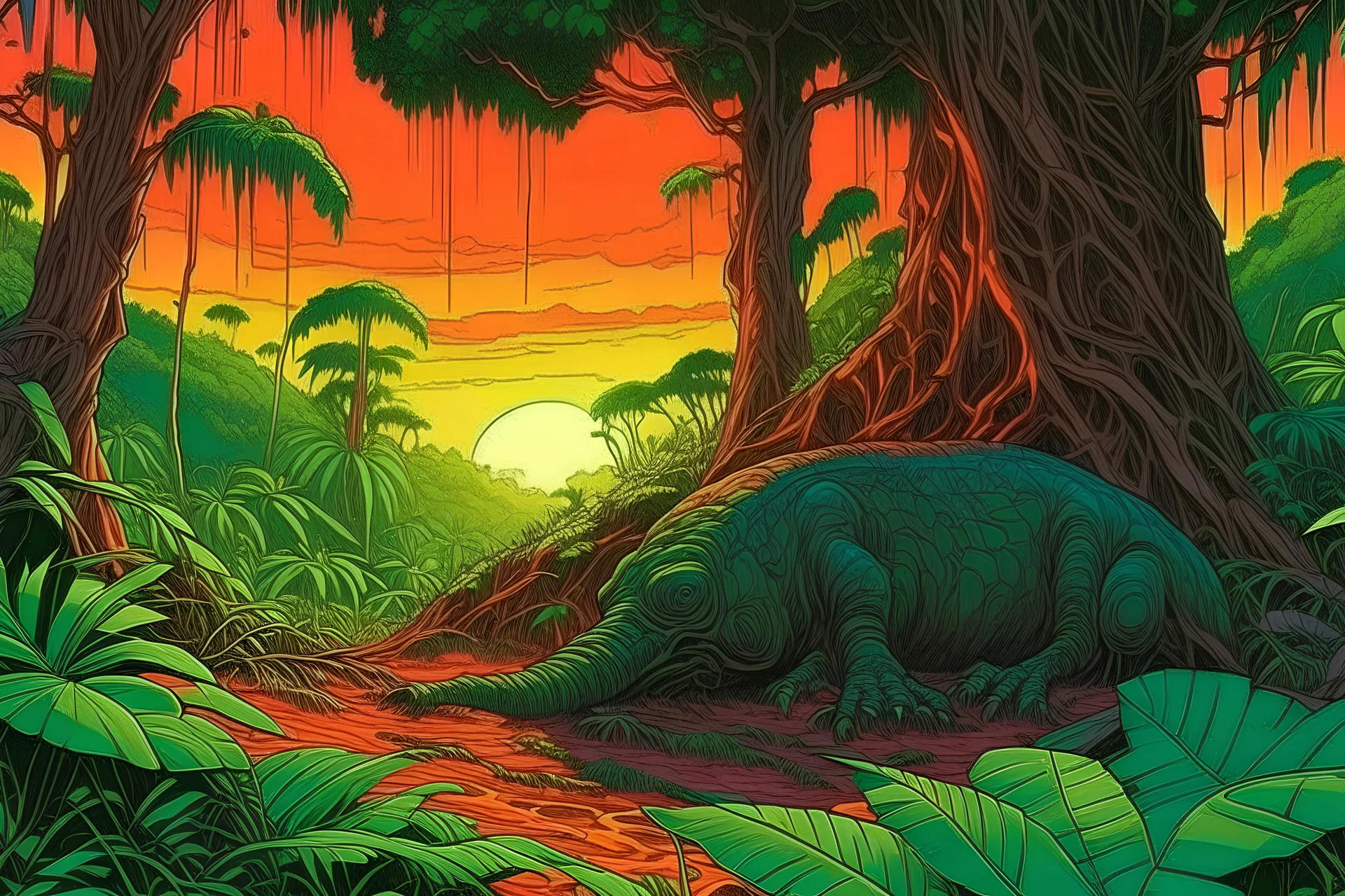 lush dense jungle, sunset, alien animal sleeping on tree root by moebius