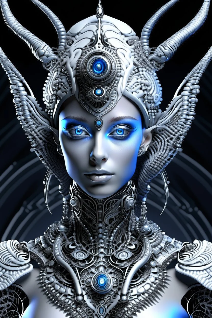 A beautiful alien with big eyes and small nose and mouth wearing a bioluminescense bright white crystal zafír biomechanical silver metallic diadem headress, wearing biomechanical amalgamation style leather jacket dress ribbed with silver floral metallic filigree biomechanical vantablack pattern, organic bio spinal ribbed detail of gothic winter backround extremely detailed maximalist hyperrealistic portrait art