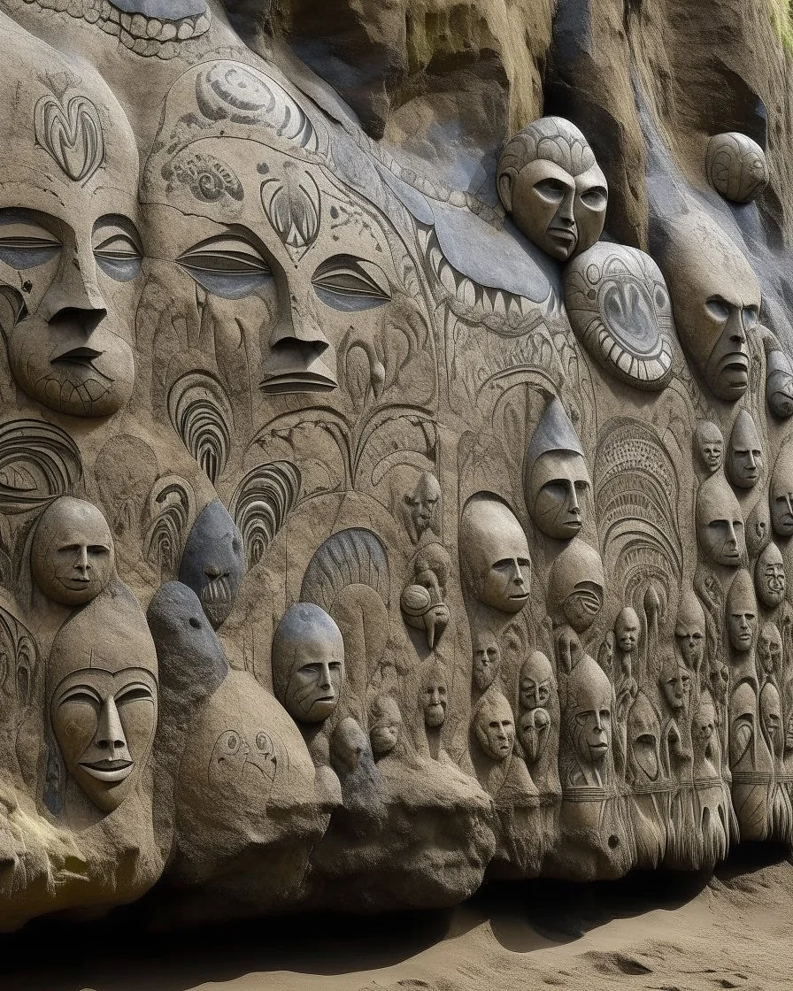 A grayish brown cliff with fossils designed in African masks painted by the Limbourg brothers