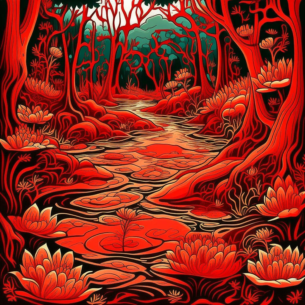 A red swamp with fiery lilies designed in Mehndi design painted by MC Escher