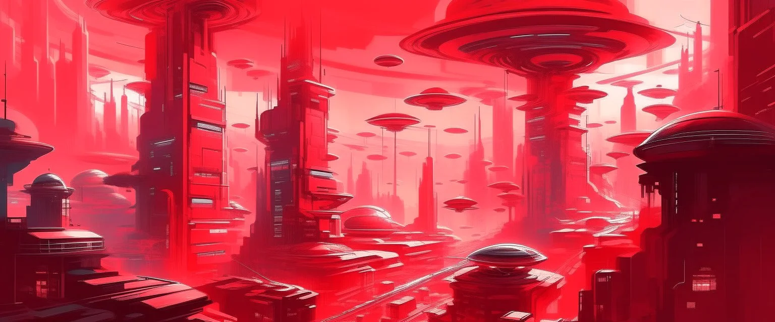 A light red futuristic city with UFOs in Impressionism art style