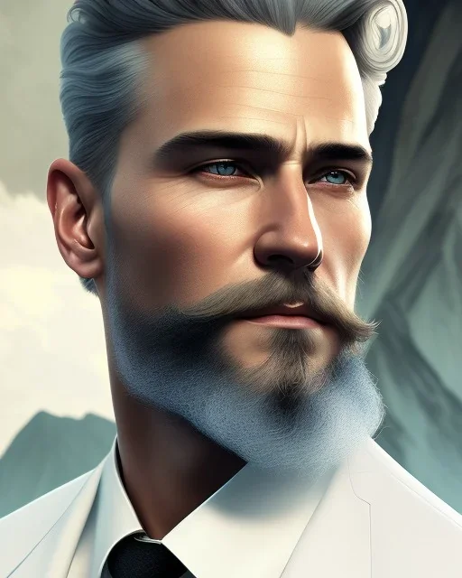 Handsome white human male, educated man, glasses, with a trimmed but uneven beard, blue eyes with slick blonde hair, full-scale head and shoulders portrait, concept art portrait by Greg Rutkowski, WLOP, Alphonse Mucha dynamic lighting hyperdetailed intricately detailed Splash, volumetric lighting fantasy