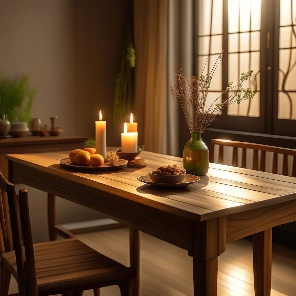 Generate an image of a table with a warm, inviting atmosphere. The table should be well-lit with soft, natural lighting The background should be slightly blurred.