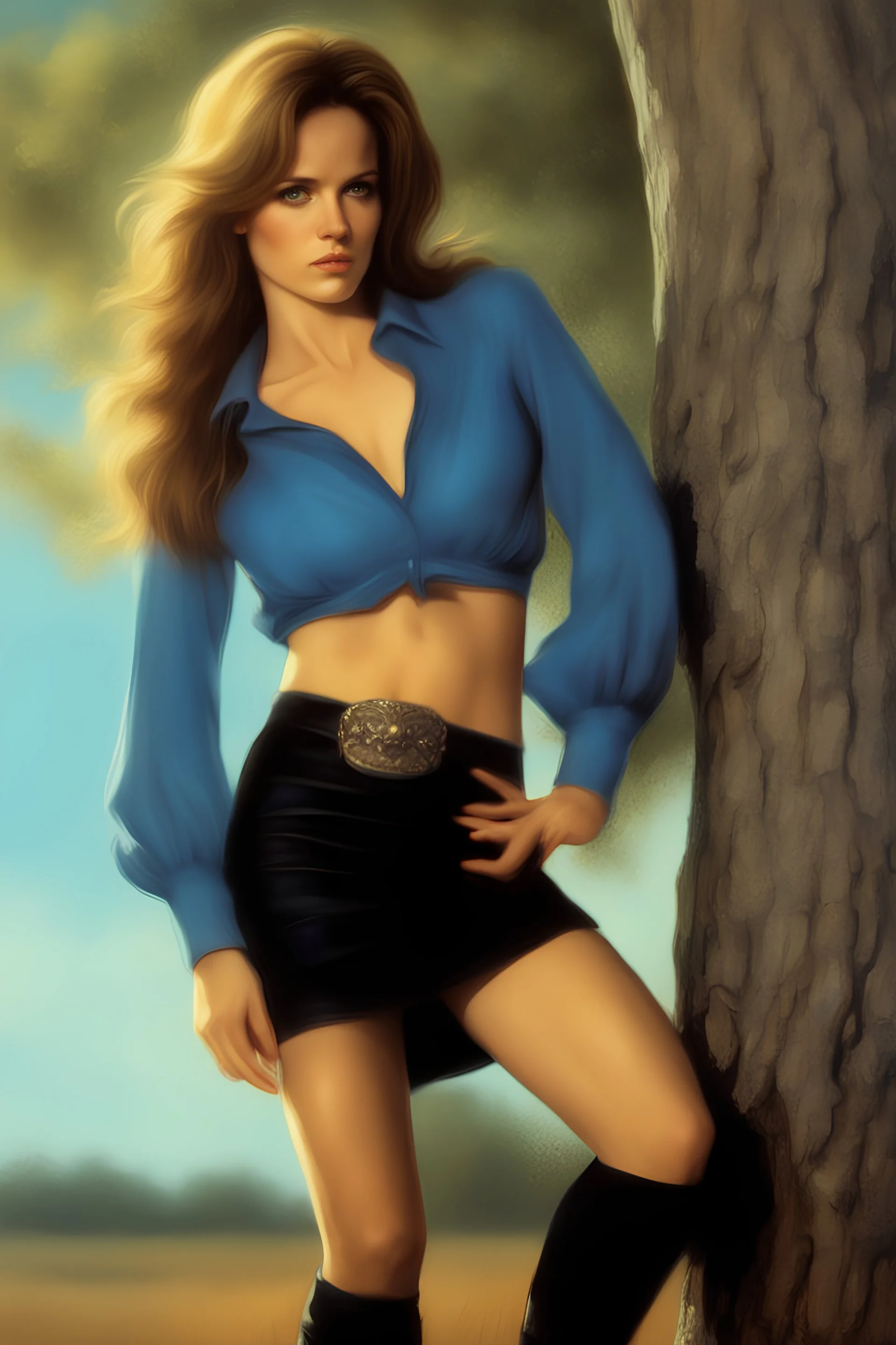 3D Portrait of Lea Thompson, long-sleeved blue blouse, black miniskirt, leaning forward against a tree, perfect body, perfect face, perfect eyes, dark hair, glamorous, gorgeous, delicate, romantic, realistic, romanticism, blue tones, Boris Vallejo - daylight Background - blue skies, sunlight - dark, wood panel wall in the background - fire, fog, mist, smoke