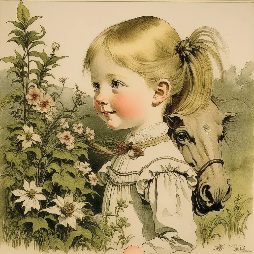 Billie eillish as a little girl, pony tail, illustrated by Marcel Marlier, flowers