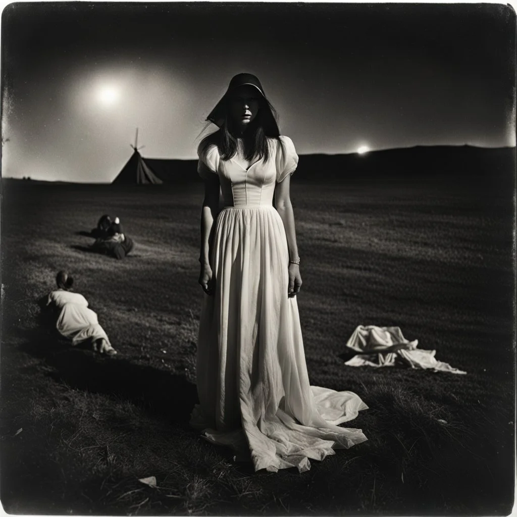 Photorealistic polaroid, black and white, nothingness and distressing anguish figure wasteland night, Hieronymus Bosch, shot on Hasselblad, movie shot, details of the dress accentuated, nightmare, hypermaximalist, obsessive, hypnotic