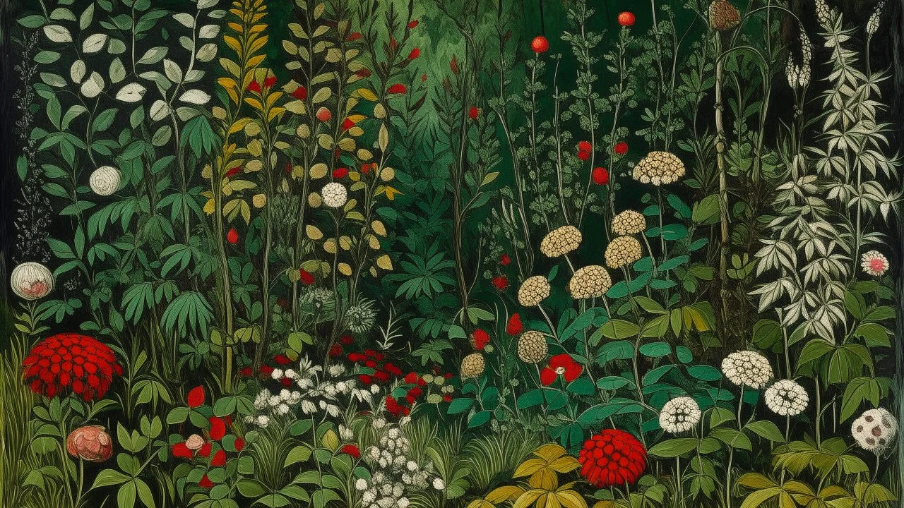 A dark green thicket with thorny flowers designed in Matryoshka dolls painted by Maurice Utrillo