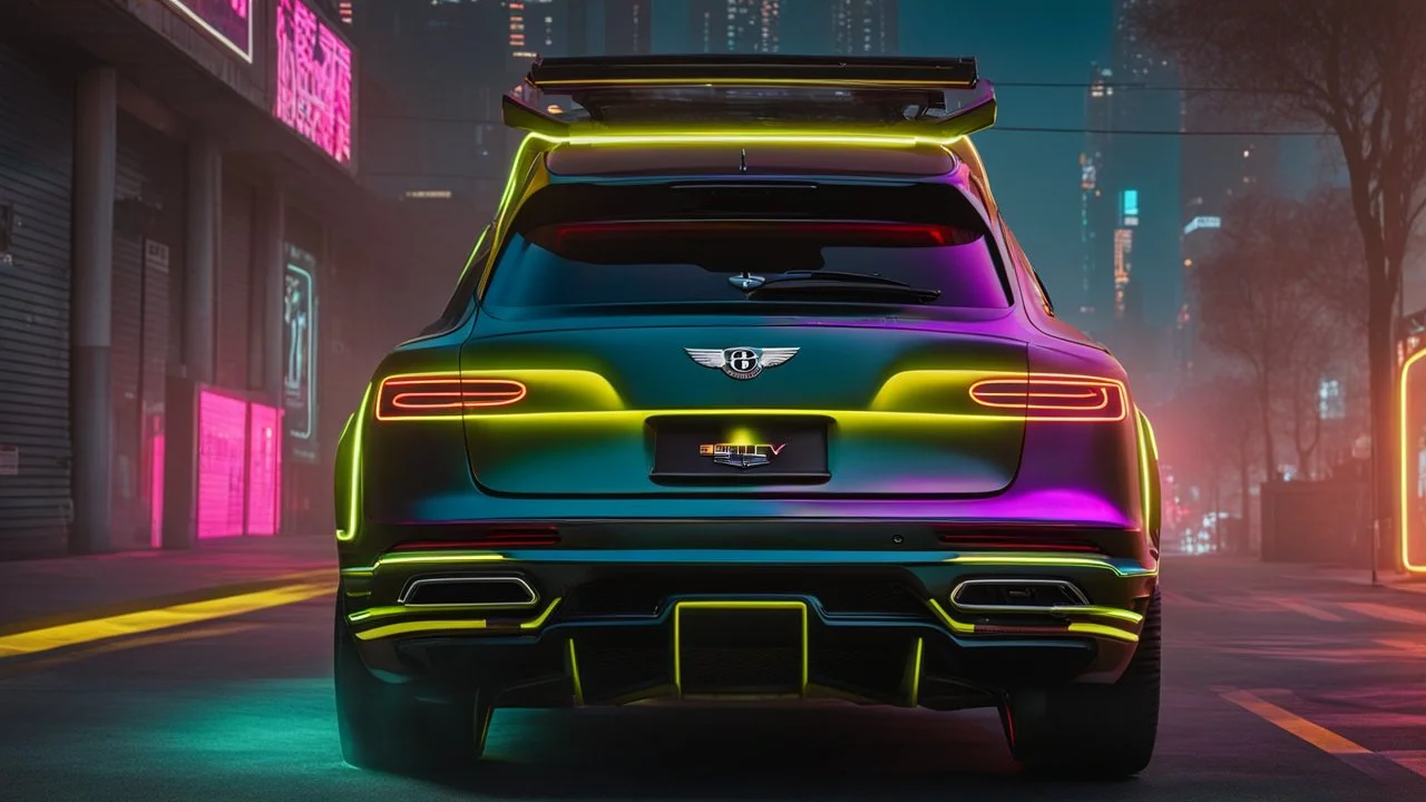Bentley Bentayga ultimate tuning Mansory Cyberpunk 2077 neon Style Rear View, Super Detailed, desktop wallpaper, 4K