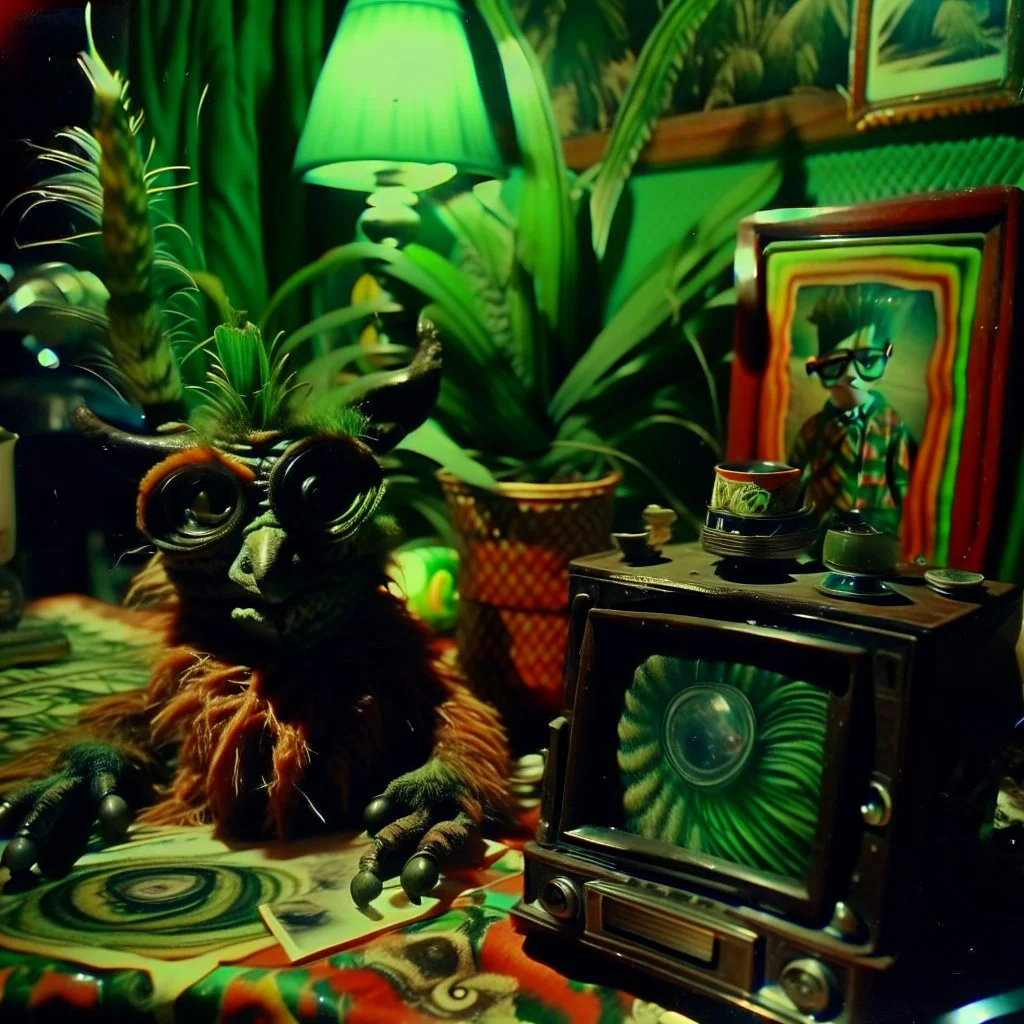 Close-up polaroid of ultra realistic odd monster, part man, part plant, and part animal in a living-room, vivid, ultra realistic, Egon Schiele, hypermaximalist figures, light, Italian 1970's odd movie, hilarious, fine art, Minicavio Quollati style, photography by Marlost Endgulp, dark atmosphere, obsessive, 4k, sharp focus, 3d, photorealism