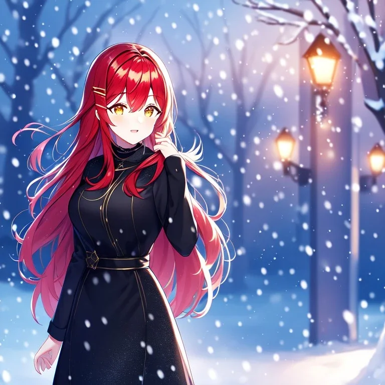 girl, masterpiece, best quality, volumetric lighting, detailed outfit, perfect eyes, red hair, golden eyes, long hair, snowing, outdoors, winter outfit, hairclip, depth of field, black outfit,