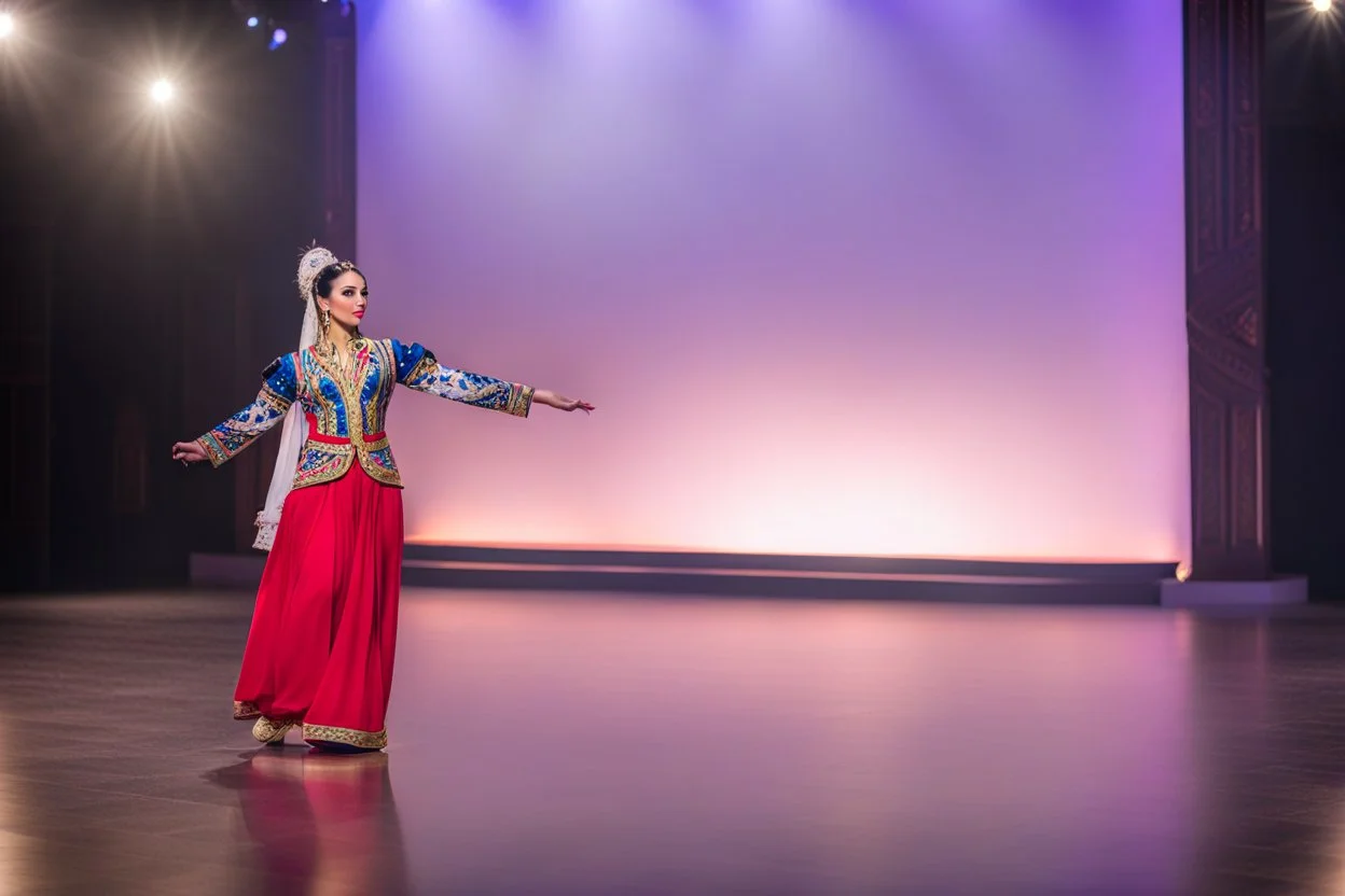 azeri female full bdy with traditional dance clothing in modern stage in a royal hall