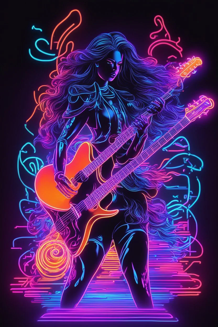 women in playing a guitar, neon art style, neon art, neon music notes, neon coloring, blacklight poster, blacklight neon colors, (neon colors), neon digital art, colorful neon lighting, neon lighting, the god of music, stylized neon, synthwave image, psychedelic black light style, made of neon light, neon background