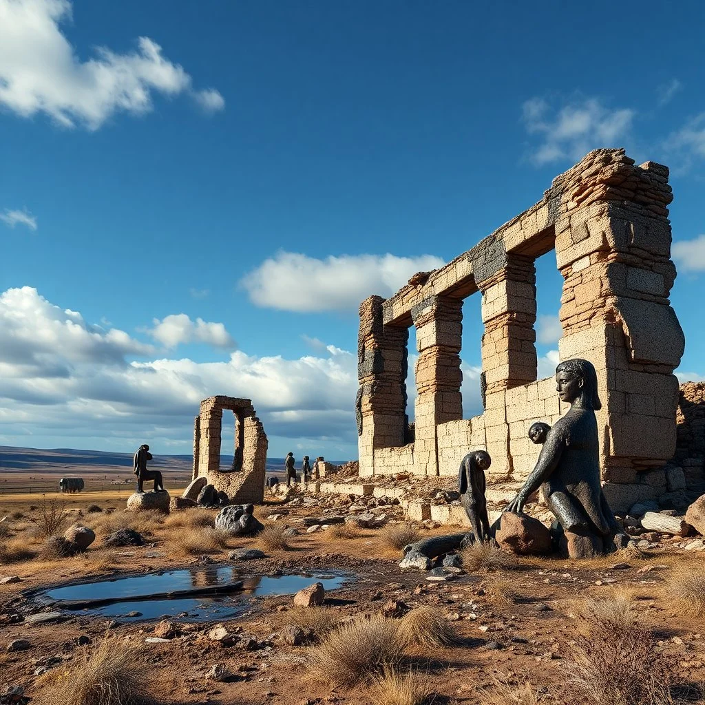 Photography of a landscape with massive odd incomprehensible style, ruins, surrealism, glossy, organic, mass growing, Joan Miró, strong texture, fiotti di liquido nero, panic, obsessive, hypnotic, rotten, figures, blue sky, clouds, hasselblad h6d400c --ar 85:128 --v 6.0