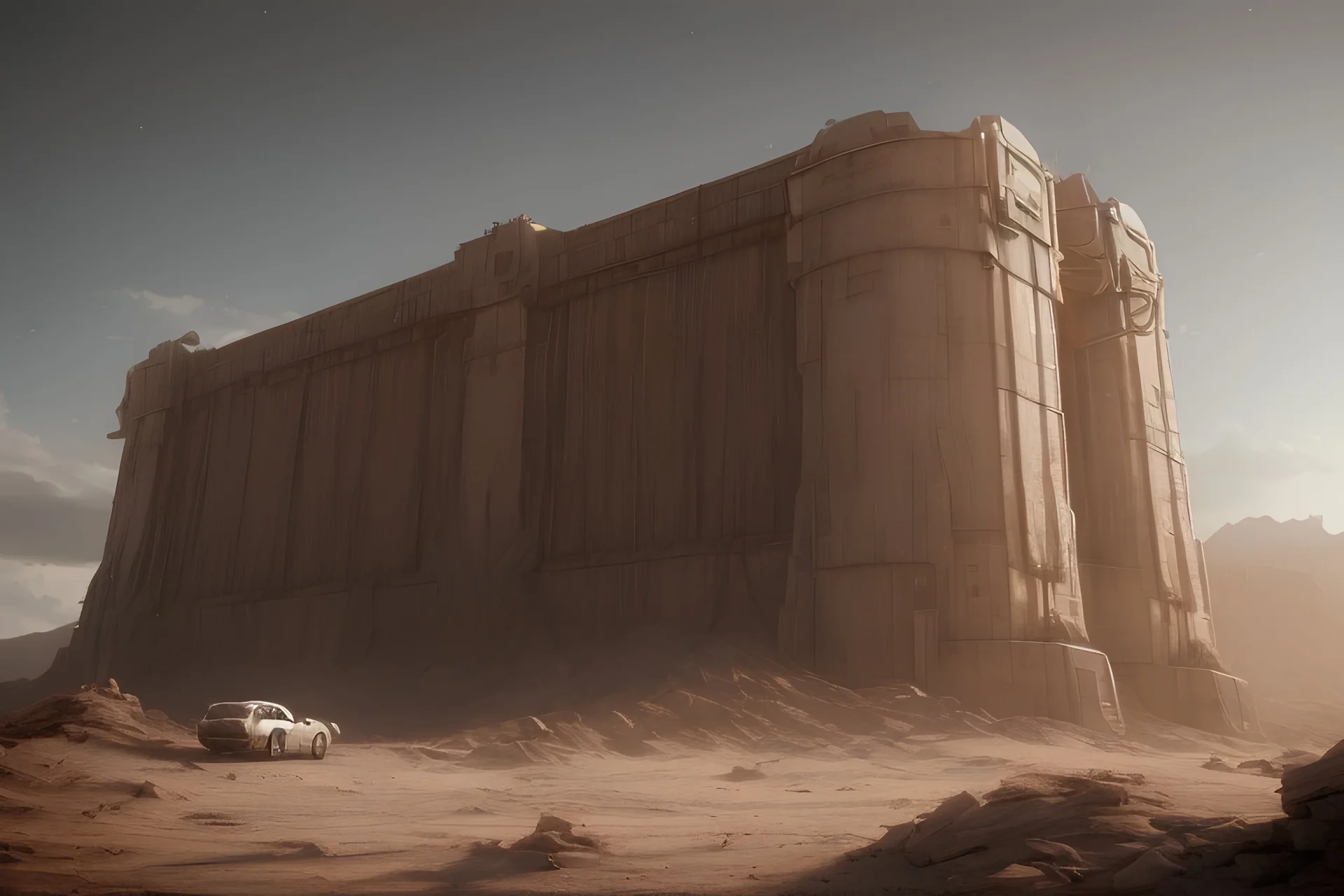 realistic and detailed concept art of a huge technological gate similar to an anti-atomic vault door nestled at the base of a mountain complex, desert, high quality, high resolution, detailed, 4K