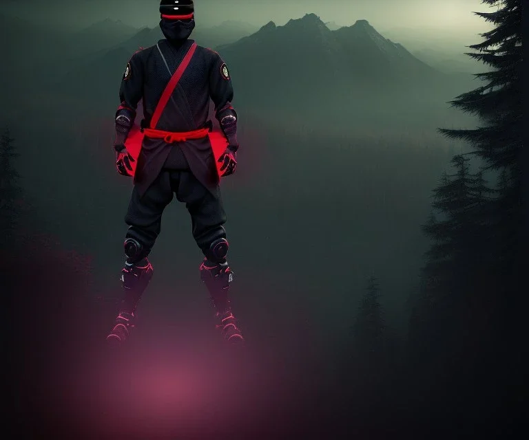 Ninja portrait, black suit, in the night Alps, angels background, volumetric red light, high detail, dark leaf tree, dark mountains in background, perfect, HR Giger style, red lights