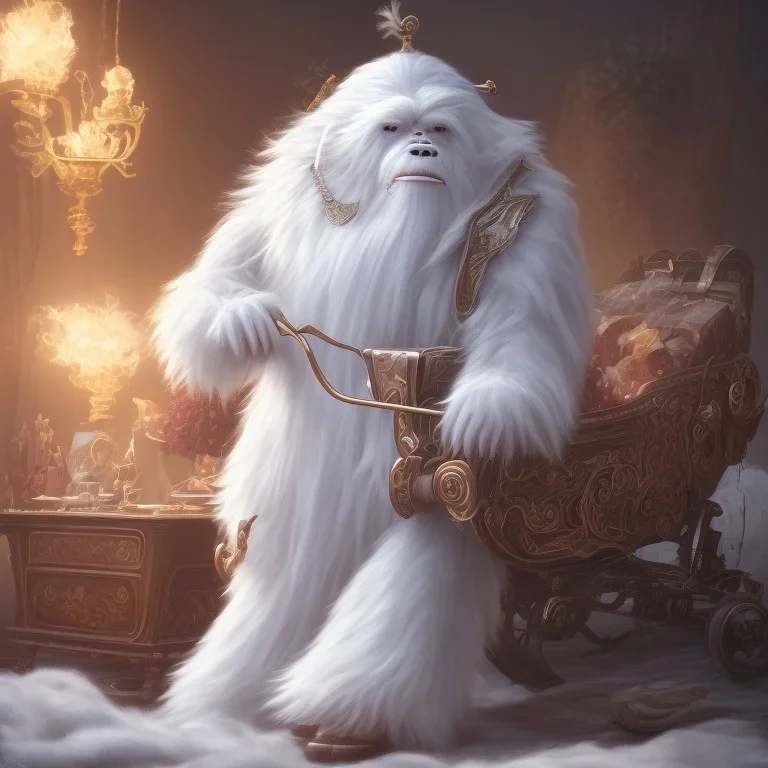 Legendary Yeti with long white hair lying on a sleigh bed watching TV and eating popcorn, clear and healthy body anatomy, detailed drawing elements, artwork, full HD painting, 8K