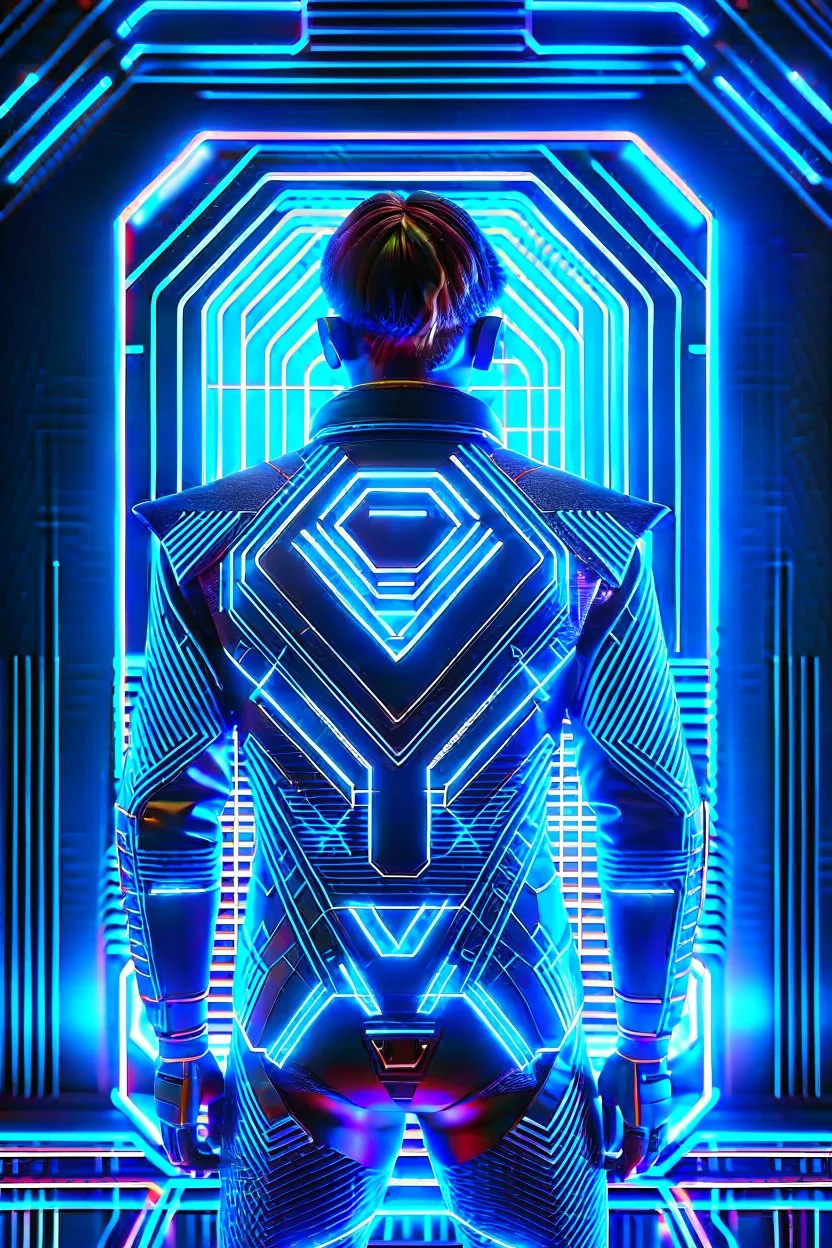 cyberpunk, neon blue, triangle of light behind the back, cyber suit, geometric patterns on a suit, male