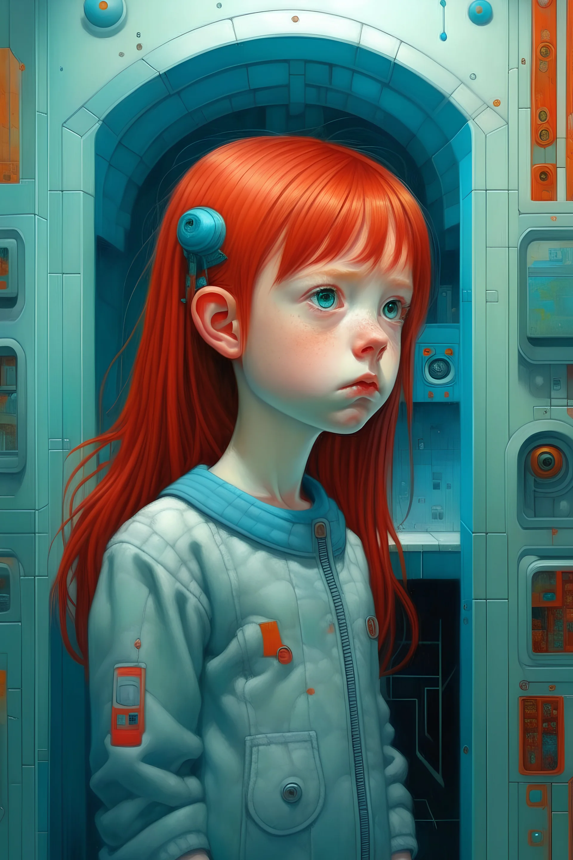 Little girl with red hair in Cyberpunk wunderkammer painted by Magritte, unsane details, soft colors