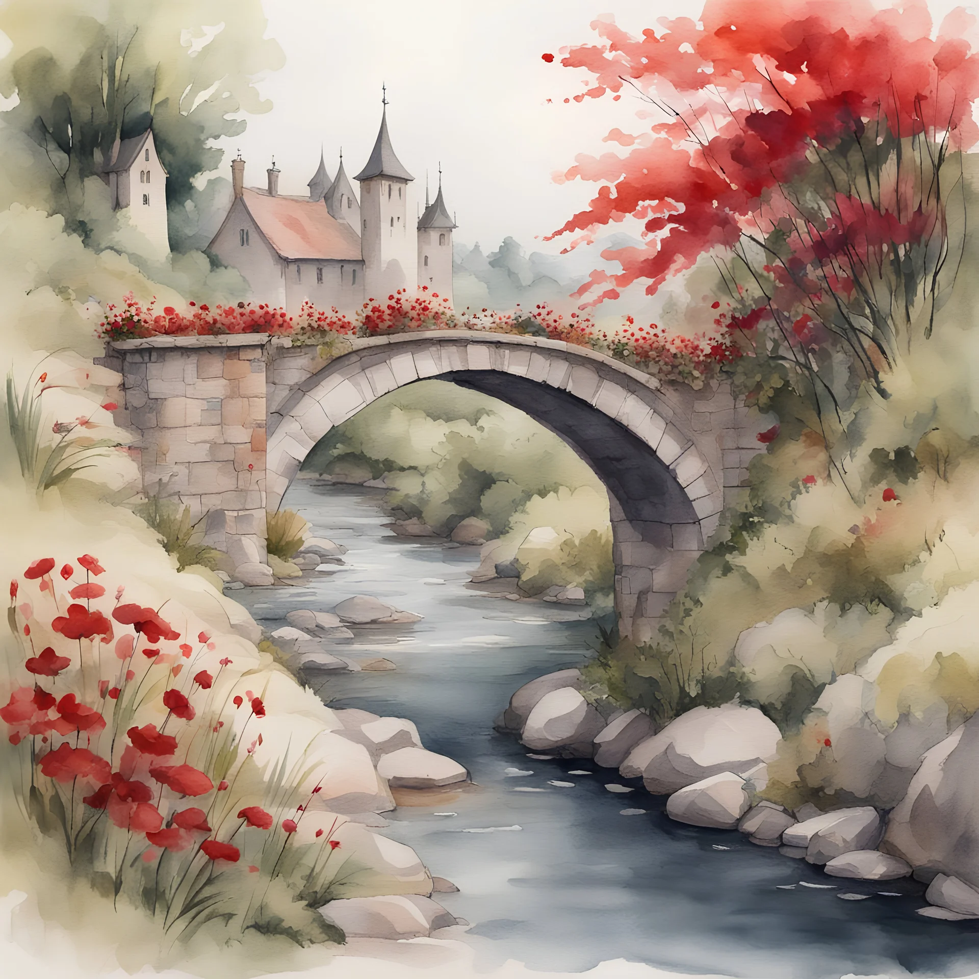 Vista lateral de un puente sobre un arroyo, flores rojas en la orilla, fantasia medieval, alto nivel de detalles, dibujo en acuarelas