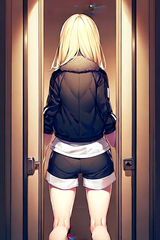 blonde girl with short jacket and shorts runs in a corridor in front at a mistery door, back view, line arts, manga style