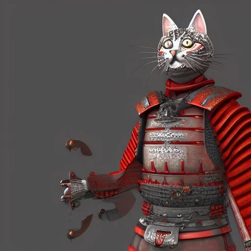 Chat, Modélisme trois dimensions, anthropomorphique, habillé comme un samurai, armure très détaillée, argent, rouge sang, réalisme