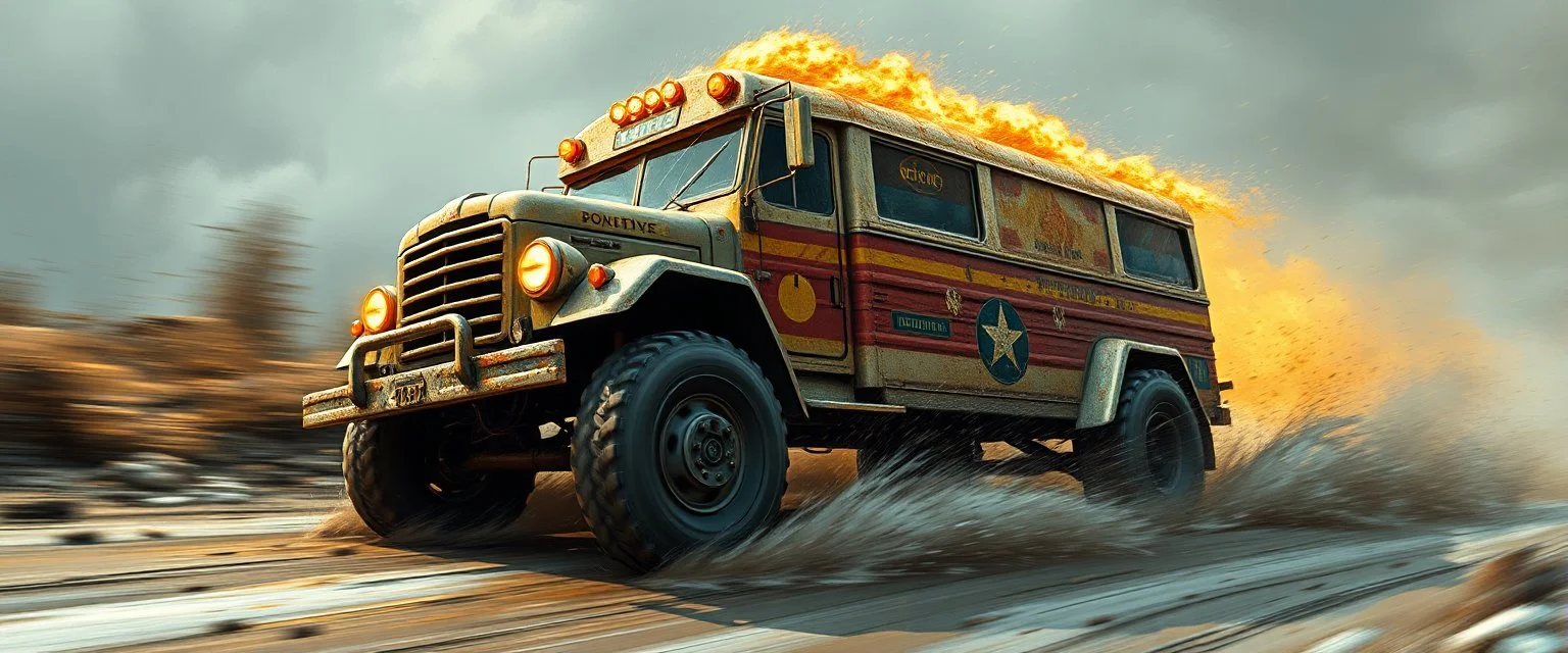 mega blasting fast, so freaking fast, faster than a greased muscle shiny cowboy disco funk fusion fluffy man gremlin monkey pig on a runaway mud veteran buss truck jumping over the cliff . speed and energy, painted by Rembrandt and fallout 4, straight down a muddy slide