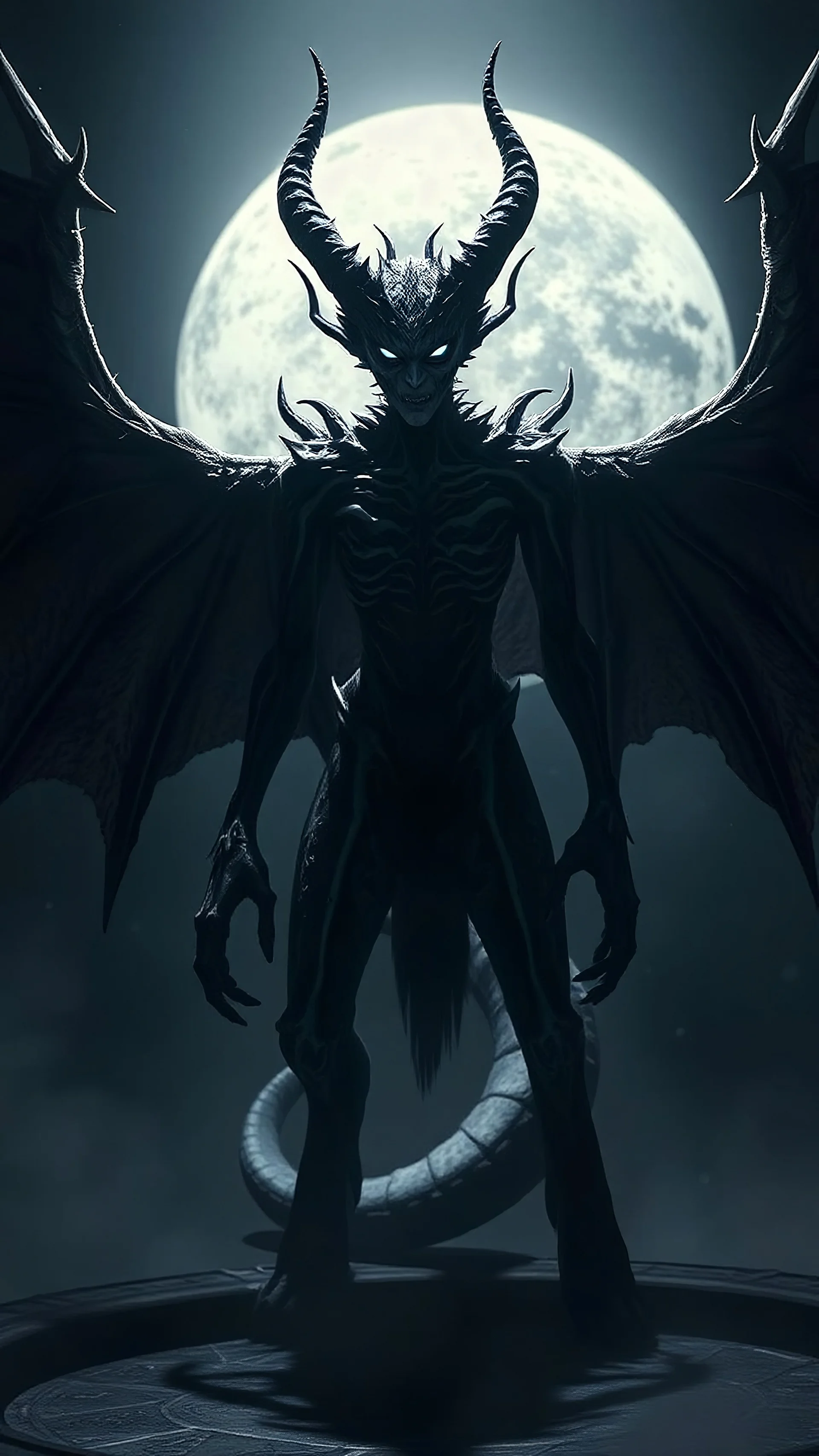 Prompt 2: "Create an image of a creature that embodies the fierce essence of Light and Ryuk. This being has Light's sharp features and intelligent gaze, fused with Ryuk's dark, ominous appearance and bat-like wings. It stands in a shadowy environment, exuding an aura of power and danger."