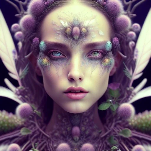 Portrait of beautiful girl, plant, metal, feathers, Dryad, fae, sidhe, ominous, nature, plants, wildflower, facepaint, dnd character portrait, intricate, oil on canvas, masterpiece, expert, insanely detailed, 4k resolution, retroanime style, cute big circular reflective eyes, cinematic smooth, intricate detail , soft smooth lighting, soft pastel colors, painted Renaissance style,bokeh, 800mm lens