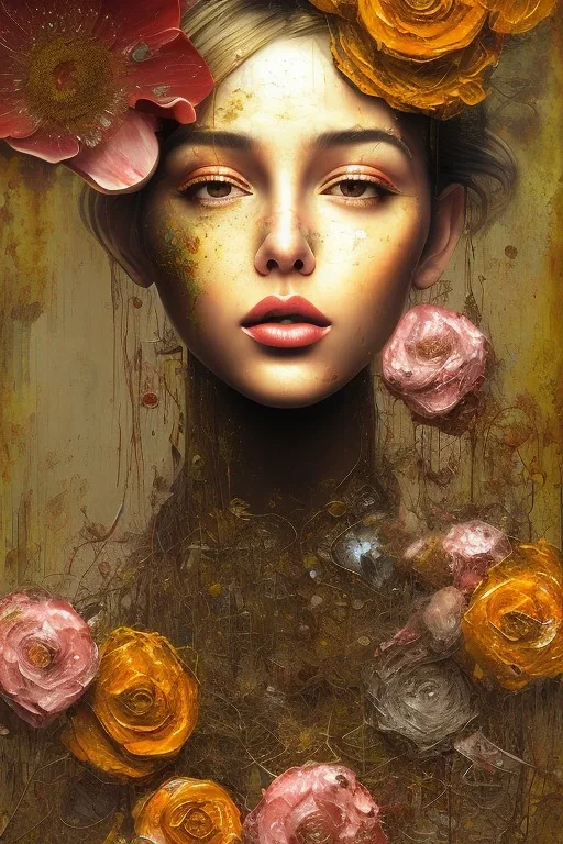 an abstract painting of rusted metal and flowers,blonde portrait, rust, scaffolding, iron cladding, decay, mixed media, textured, anatomically correct, beautiful perfect face, sharp focus, highly detailed