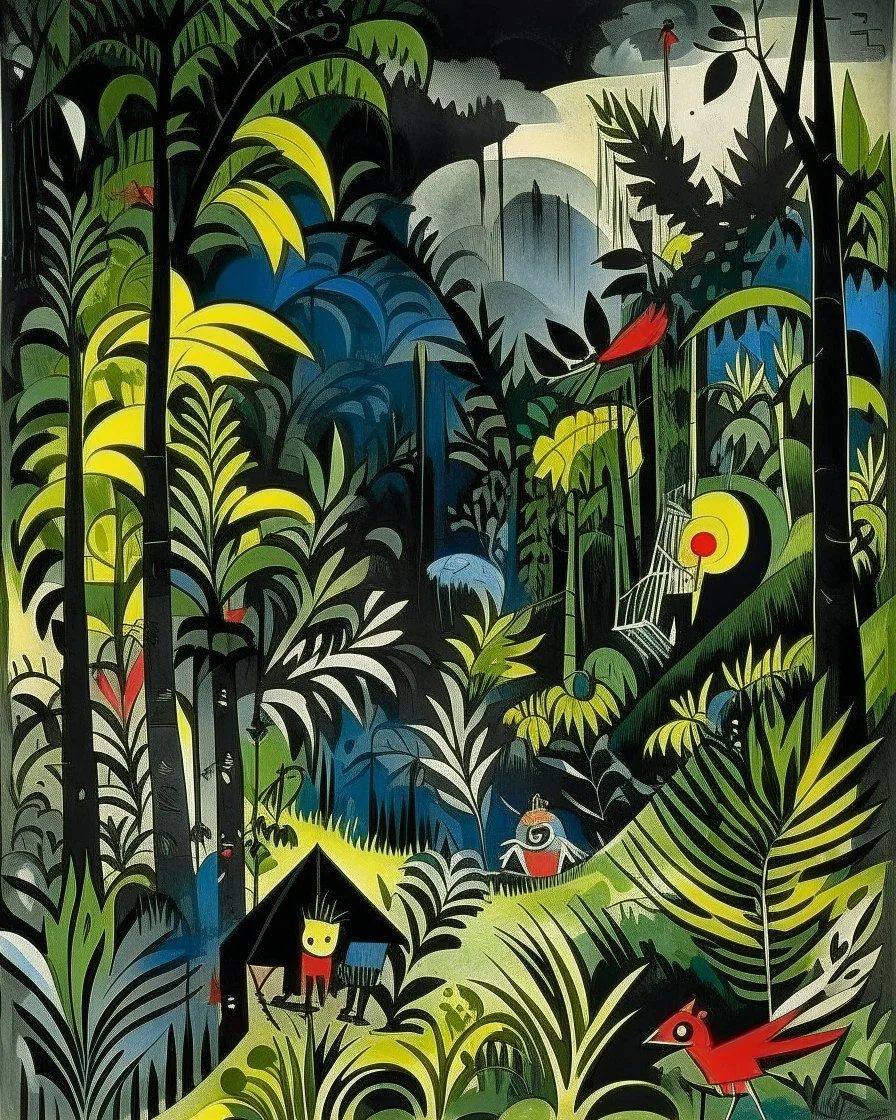 A black forgotten jungle on an isle designed in Chinese paper art painted by Wassily Kandinsky