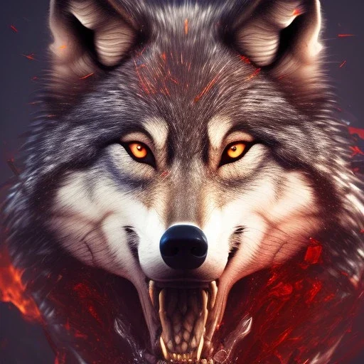 Wolf, red, fire, blood, gore, teeth, 8K, cinematic lighting, sharp focus, masterpiece, expert