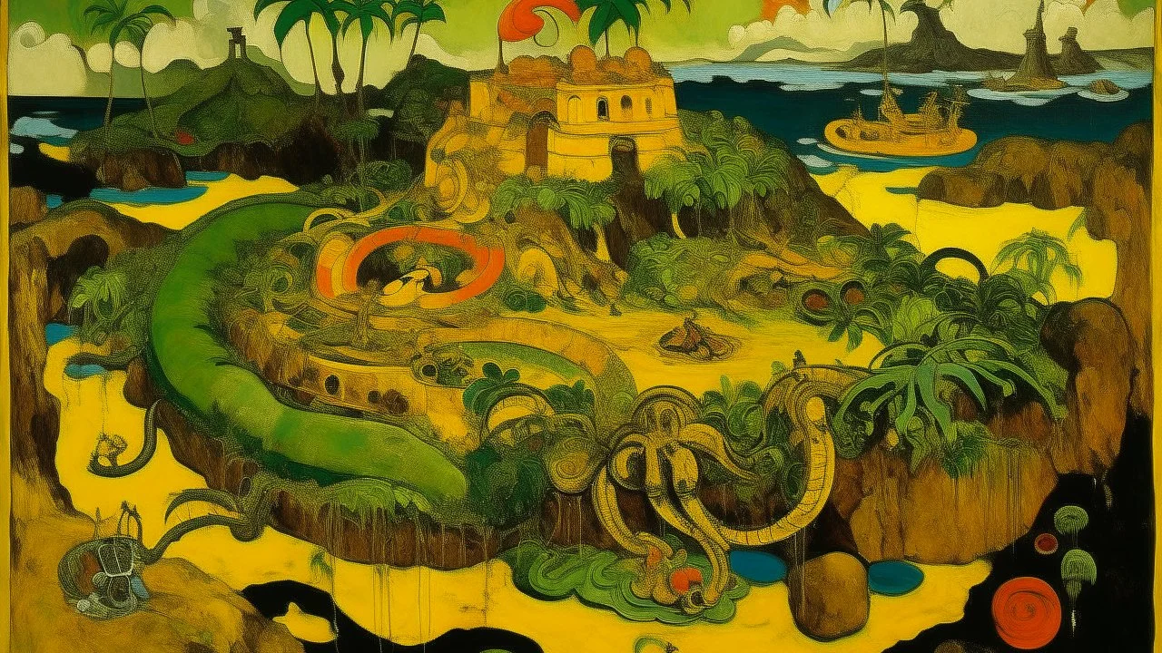 A yellow island with mechanical snakes painted by Paul Gauguin