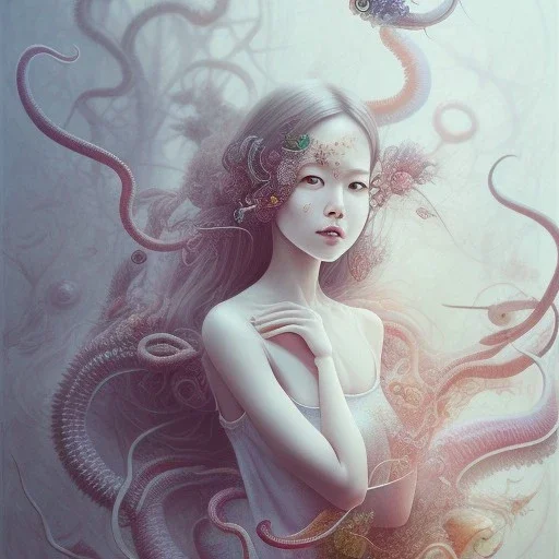 Realistic body, Asian woman, leaning pose, full body, squid, intricate detail , watercolor illustration by <agnes cecile> nest, octopus, fly, squid,everywhere, plants, wildflower, doll, blood, scythe, dolly,