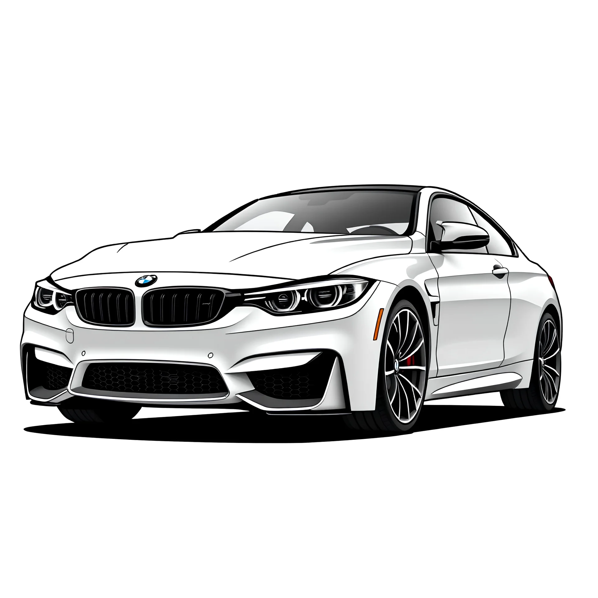 Create a detailed vector illustration of a BMW M4 CS. The car should be depicted in a dynamic side profile view, capturing its sleek, aerodynamic design and aggressive stance. Focus on the car's distinctive features, such as the sharp lines, carbon fiber roof, large air intakes, and signature kidney grille, but do not include any BMW logos or trademarks. The illustration should emphasize the car's sporty character, using clean lines and smooth curves to convey a sense of speed. (Front car)