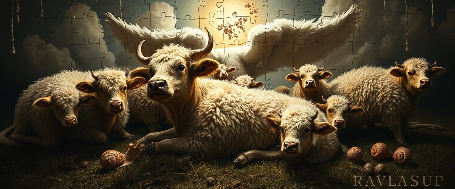 almost fully laid small hundreds puzzle pieces of angry god in heaven suffering through a pinhole cam picture of heavenly fluffy elevated messed up woodland elongated slimy cow snail story teller and ad & d monster creatures flock painted by Nerdrum and Rembrandt