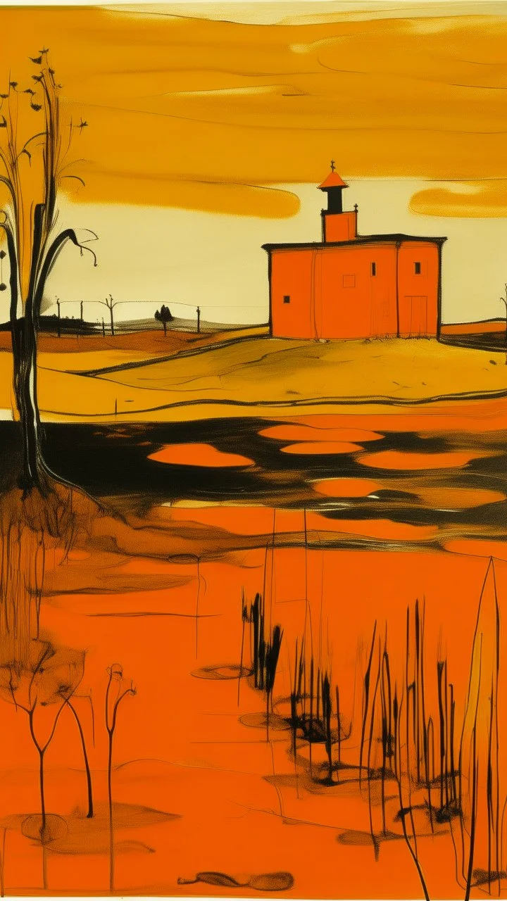 An orange colored marshland near an iron fortress painted by Pablo Picasso