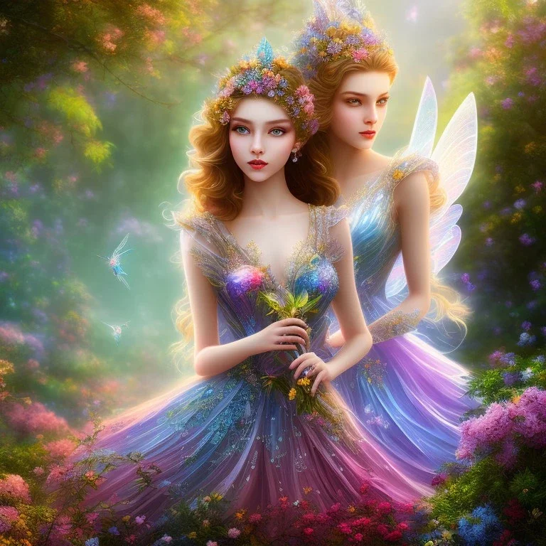 bright fairy, beautiful portrait, flowery landscape