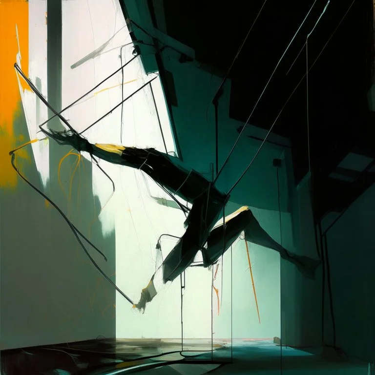 Minimal abstract oil painting of a falling person limbs sinew. Amongst concrete fragments brutalist architecture and hanging wires illuminated at night. In the style of Justin Mortimer and Phil Hale and Ashley Wood