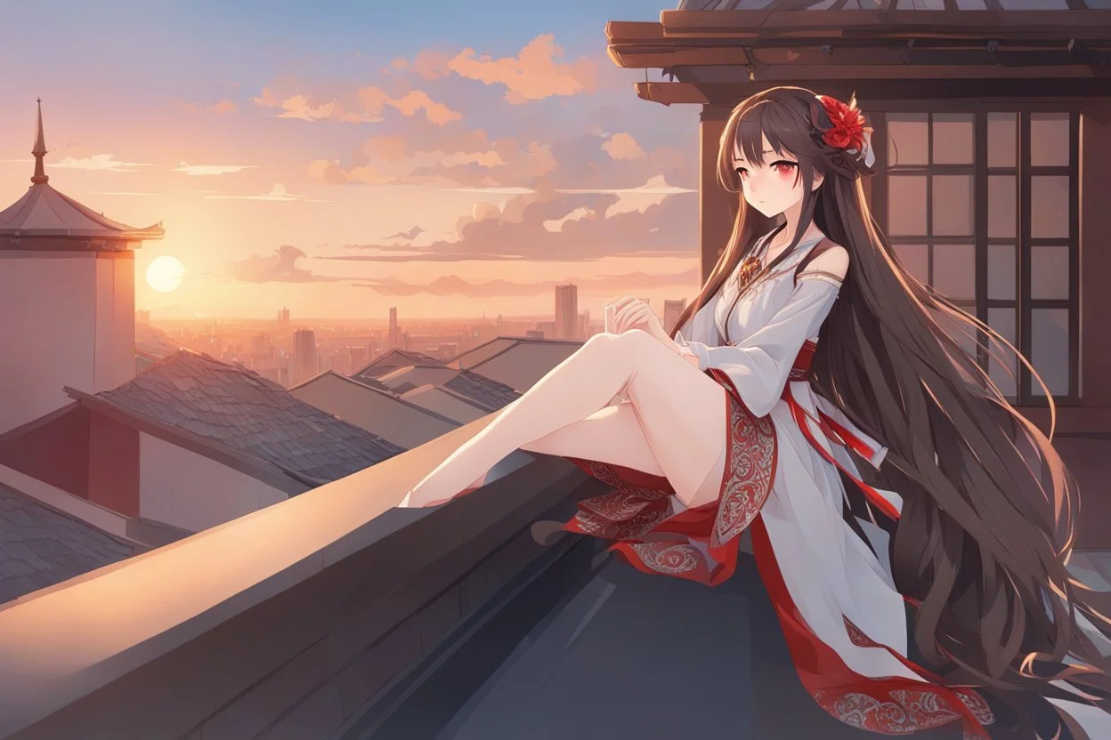 woman with long brown hair, red eyes, pale skin, highly detailed, intricate background, sitting on rooftop during sunset, contemplative, anime style, Genshin Impact inspired, dynamic composition