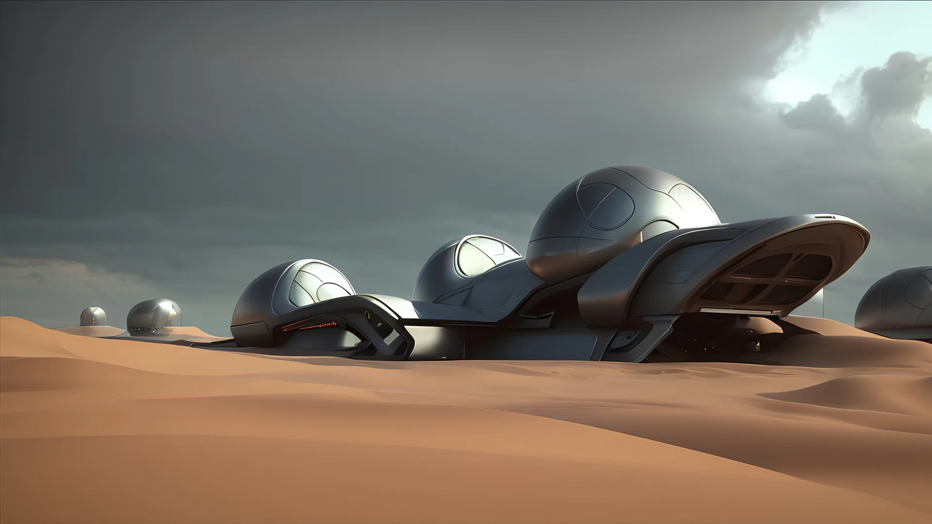 Exterior view from a futuristic group of buildings, stones, grass, metallic, storm clouds, rain, tornado, sea, futuristic, dramatic cinematic shot, 4k, sand dunes, octane render, alien, fractals,