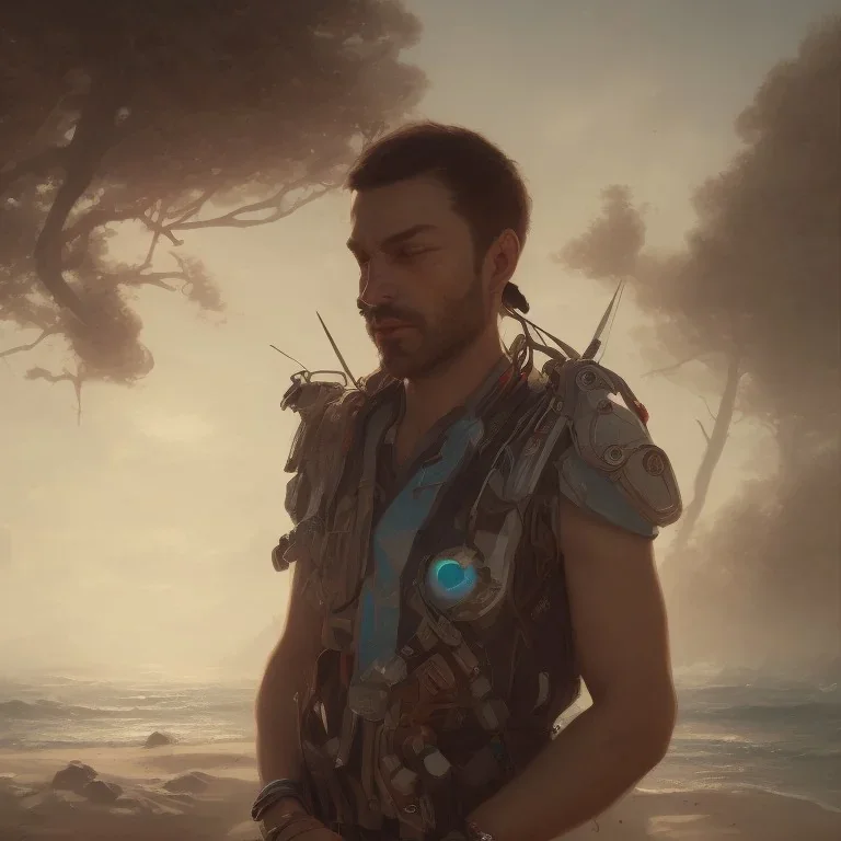 8k resolution concept art portrait by Greg Rutkowski, man relaxing by the beach