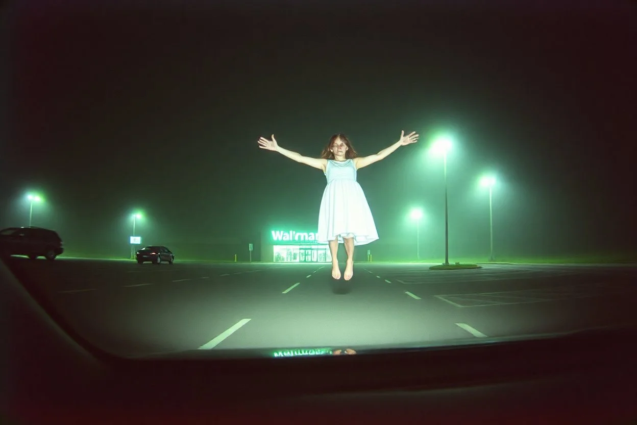 create a low-quality dashboard cam picture, high film grain, ghostly faceless girl in a white dress with arms extended levitating high off ground caught in headlights in an empty Wal-Mart parking lot on a foggy night, found footage, low contrast, super grainy greenish night vision hues, static haze.