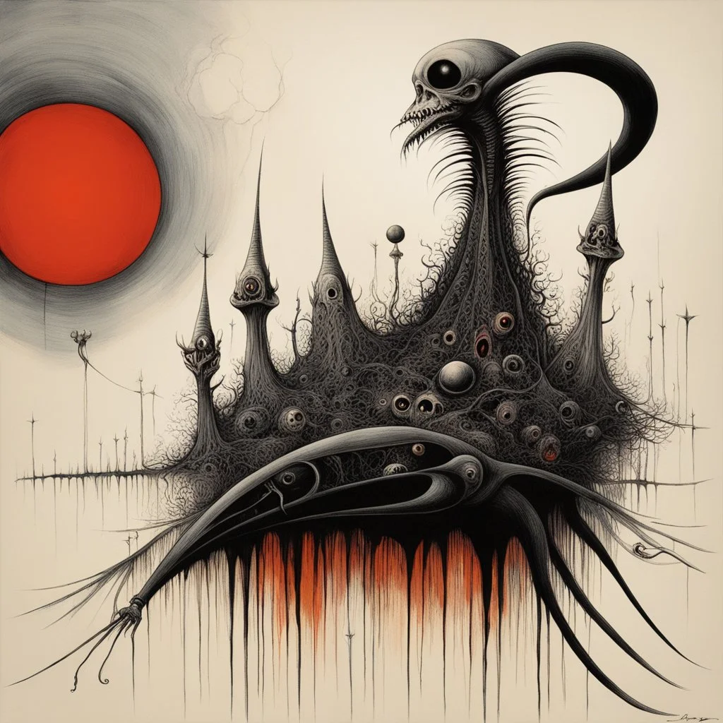 by Gerald Scarfe and Alexander Jansson, oddball daydream, fear is all you know, eclipses were made to be broken, phobia, abstract surrealism, moody, sinister, profound, dramatic, high resolution, creepy, pen and ink illustration, horror, by H.R Giger