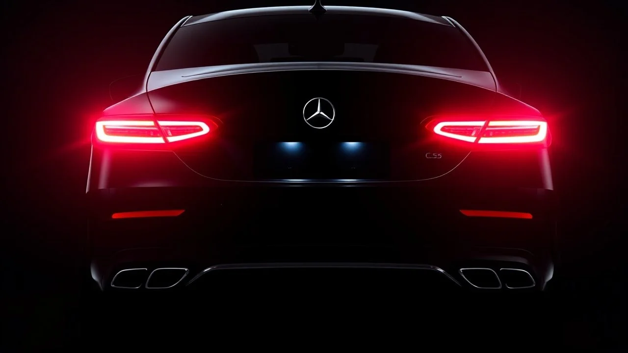 Full view of the rear view of a black Mercedes-Benz CLS 550 with bright neon lights on a black background