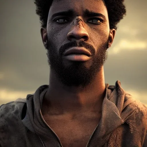 portrait, badass black man, long curly black hair, scar, post-apocalyptic, realistic, intriacte detail, sci-fi fantasy style, volumetric lighting, particales,highly detailed,cinamatic, deep colours,8k