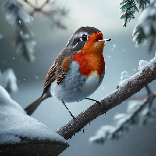 Robin bird with a coat, winter, hyper-detailed, beautifully color-coded, insane details, intricate details, beautifully color graded, Cinematic, Color Grading, Editorial Photography, Depth of Field