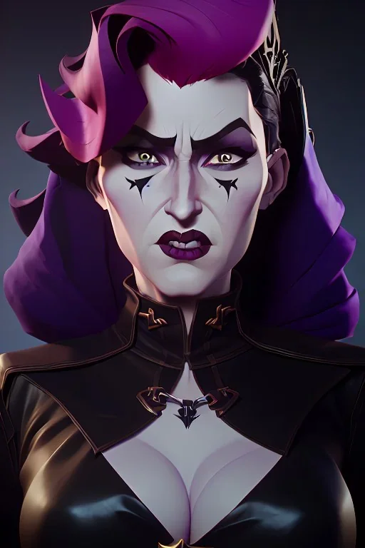 Rita Hayworth as evil queen in black leather, leather, busty, cleavage, angry, stern look. character design by cory loftis, fenghua zhong, ryohei hase, ismail inceoglu and ruan jia. unreal engine 5, artistic lighting, highly detailed, photorealistic, fantasy