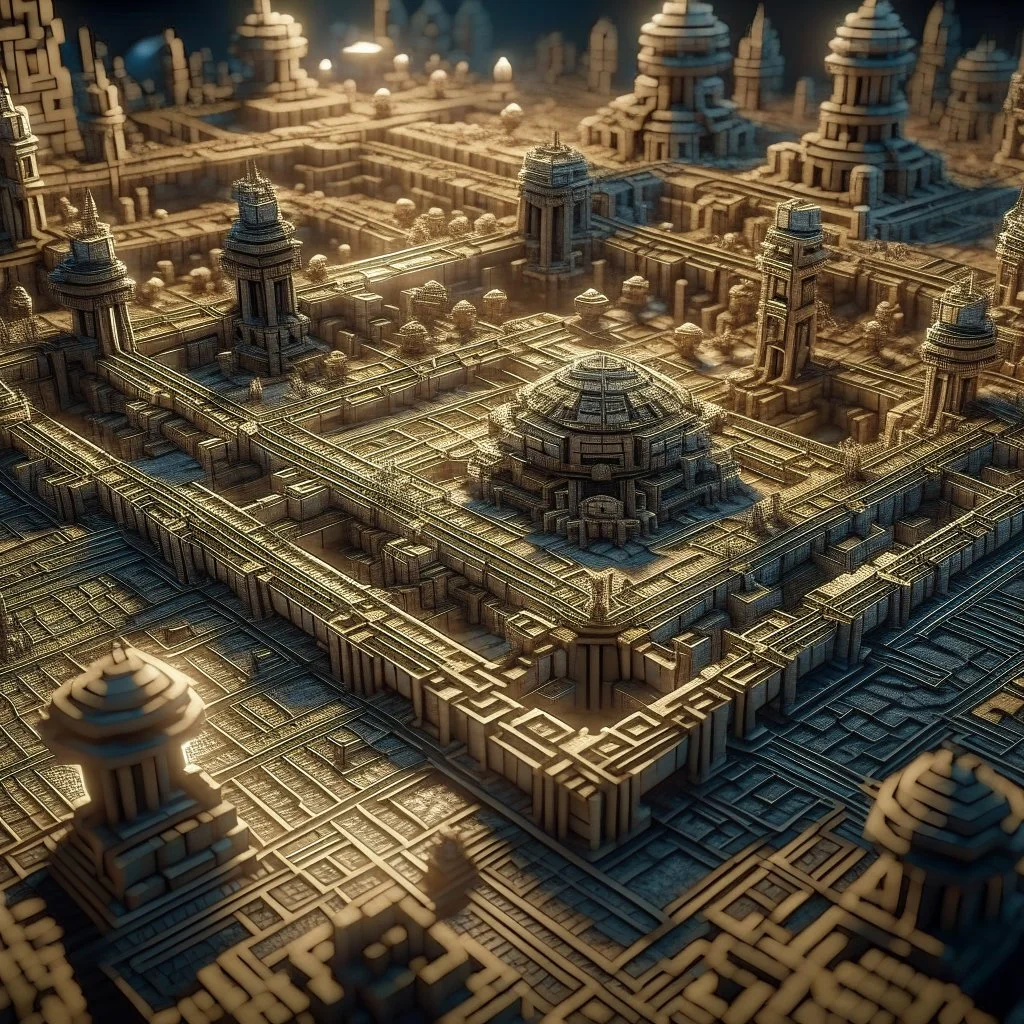 ancient alien city, isometric labyrinth, shot on Hasselblad h6d-400c, zeiss prime lens, bokeh like f/0.8, tilt-shift lens 8k, high detail, smooth render, down-light, unreal engine, prize winning